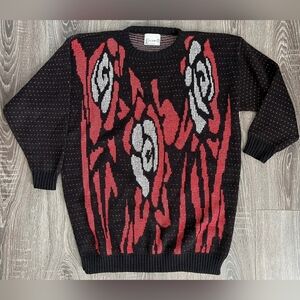 Vintage Retro 1980’s Ellen D. Kollection Black/Red Metallic Graphic Sweater, M!